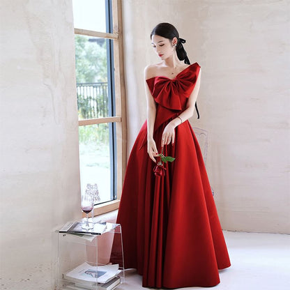 Sleeveless One-Shoulder Plain Bow A-Line Evening Gown