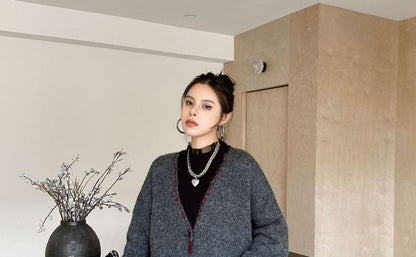 V-Neck Contrast Stitch Knit Jacket