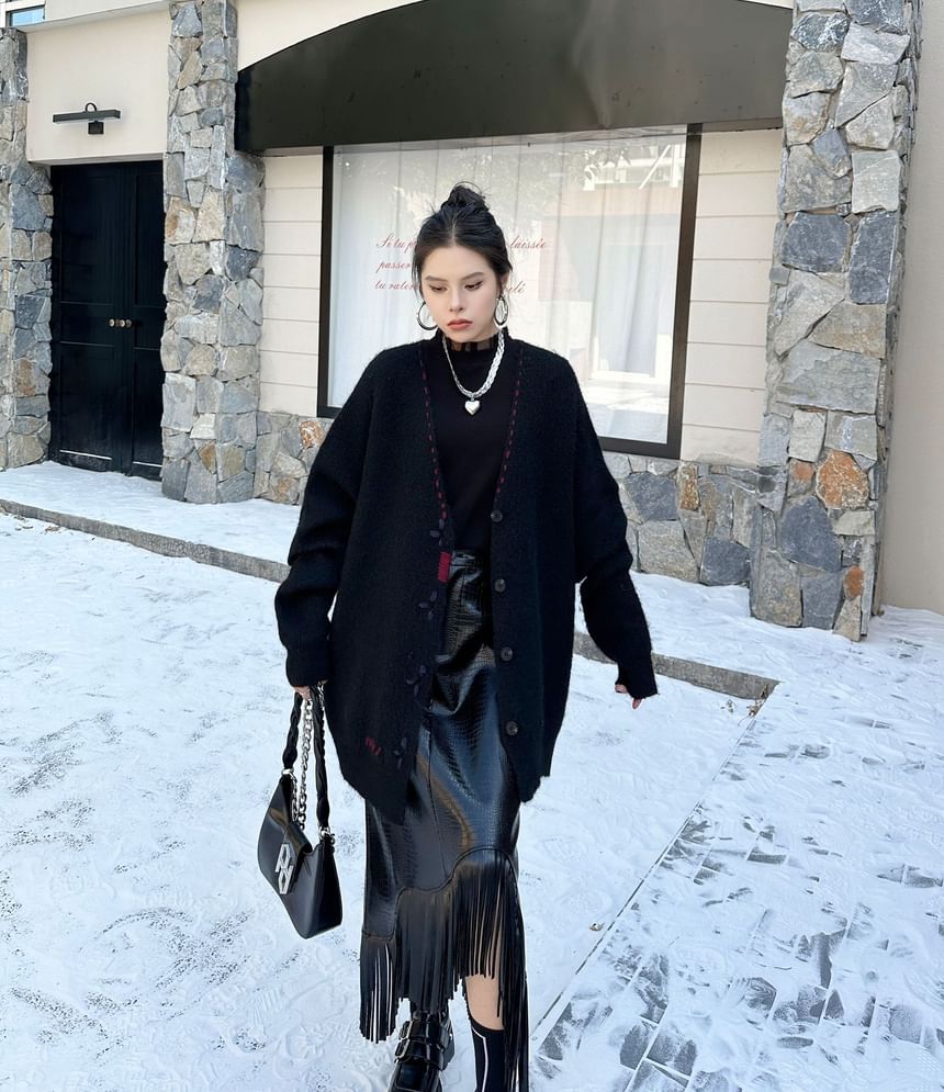 V-Neck Contrast Stitch Knit Jacket