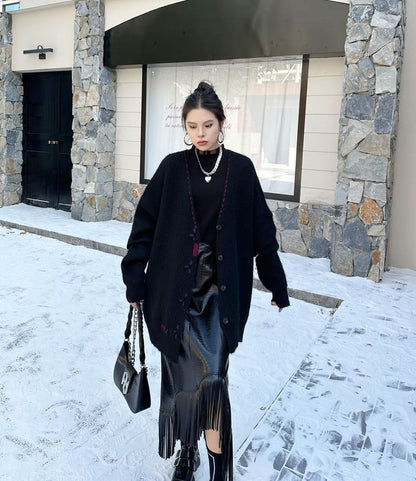 V-Neck Contrast Stitch Knit Jacket