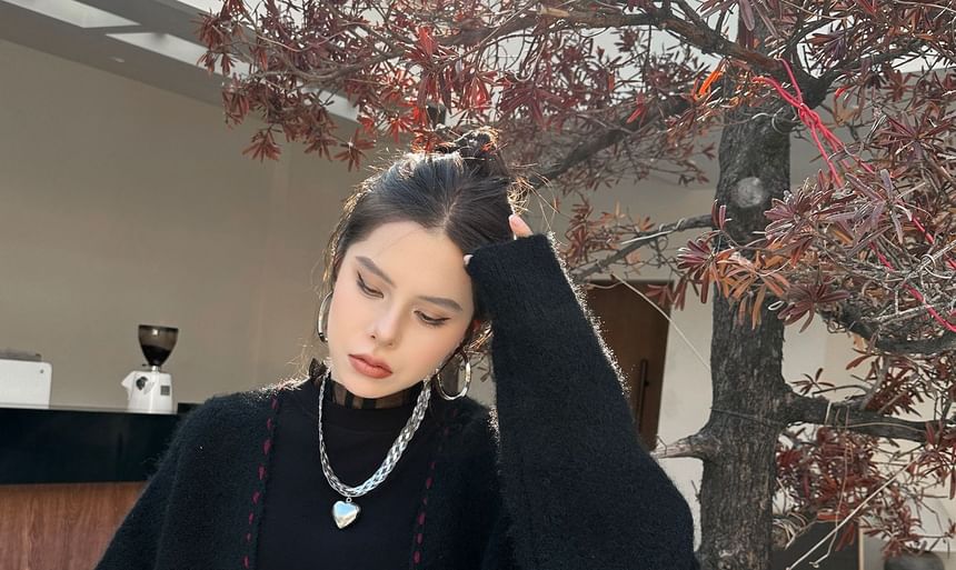 V-Neck Contrast Stitch Knit Jacket
