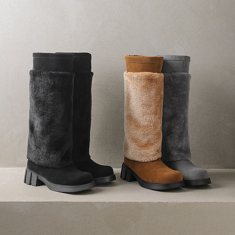 Platform Fluffy Panel Faux Suede Knee High Boots
