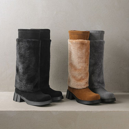 Platform Fluffy Panel Faux Suede Knee High Boots