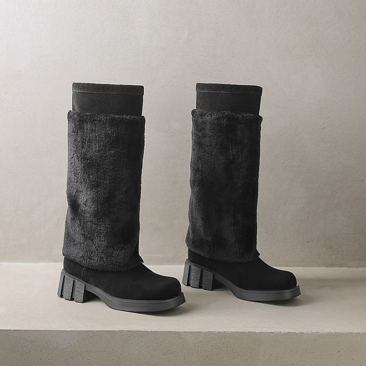 Platform Fluffy Panel Faux Suede Knee High Boots