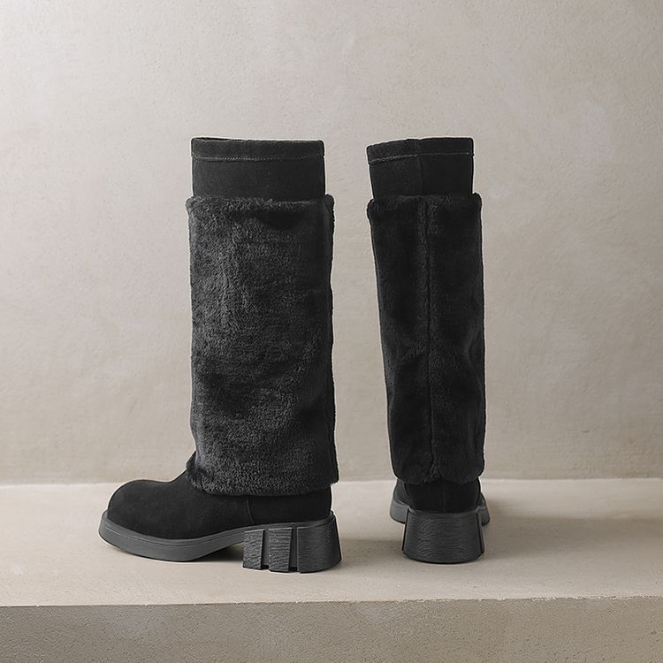 Platform Fluffy Panel Faux Suede Knee High Boots