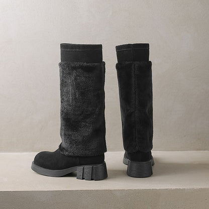 Platform Fluffy Panel Faux Suede Knee High Boots