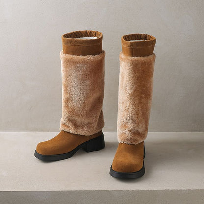 Platform Fluffy Panel Faux Suede Knee High Boots