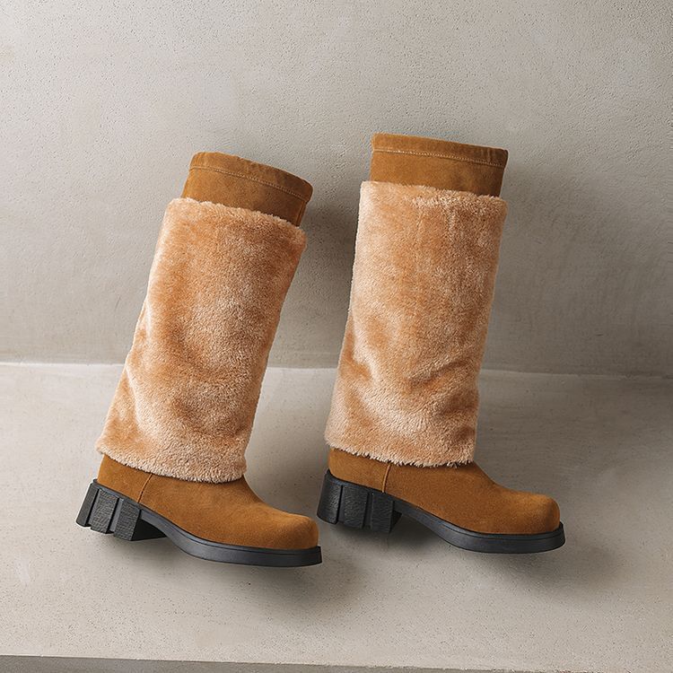 Platform Fluffy Panel Faux Suede Knee High Boots
