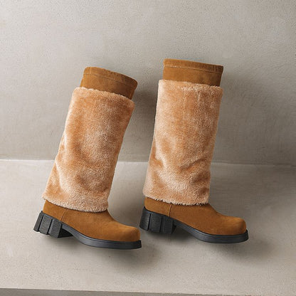 Platform Fluffy Panel Faux Suede Knee High Boots
