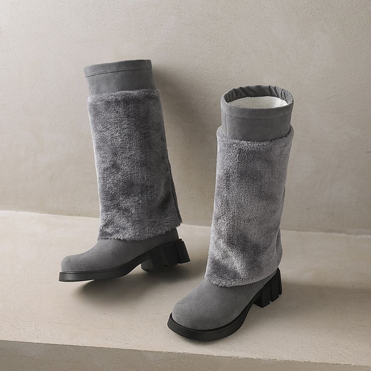 Platform Fluffy Panel Faux Suede Knee High Boots