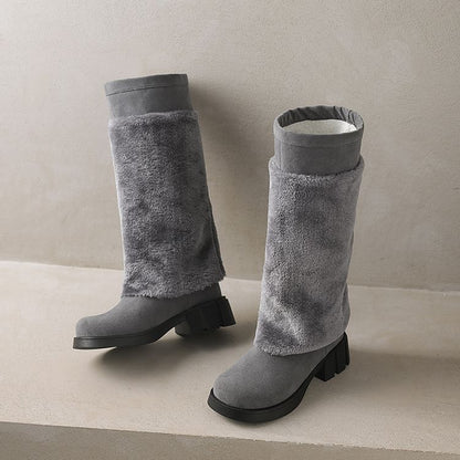 Platform Fluffy Panel Faux Suede Knee High Boots