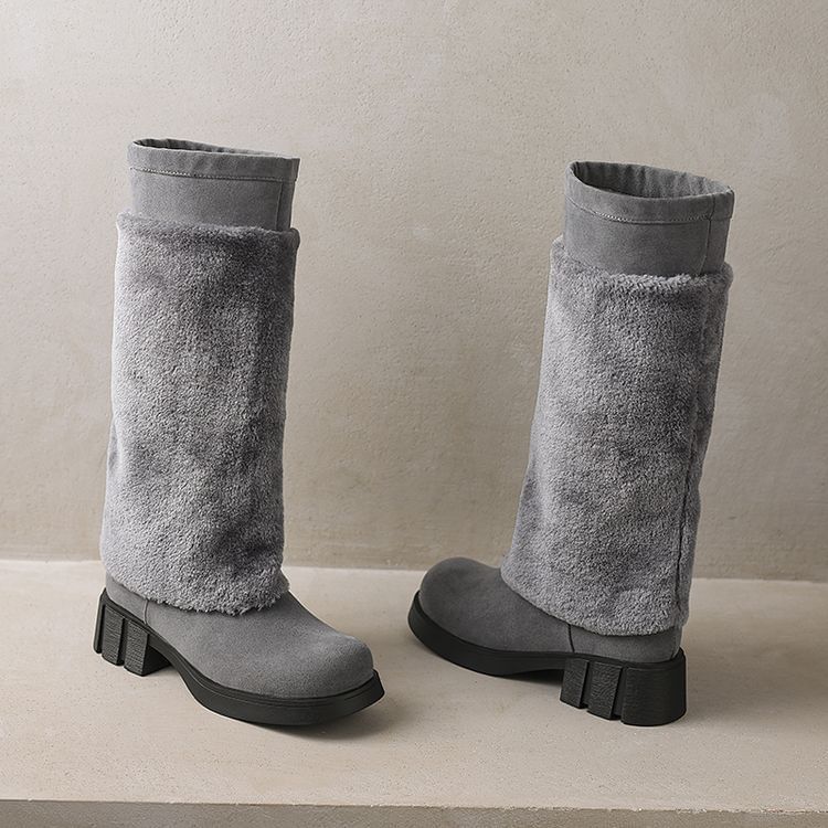 Platform Fluffy Panel Faux Suede Knee High Boots