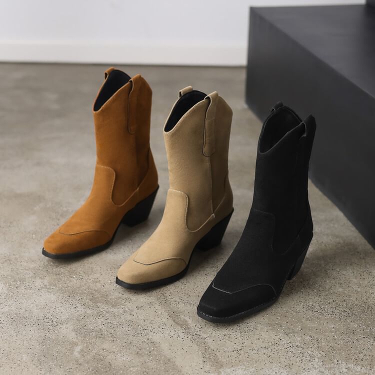 Square Toe Panel Faux Suede Block Heel Mid Calf Boots