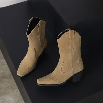 Square Toe Panel Faux Suede Block Heel Mid Calf Boots
