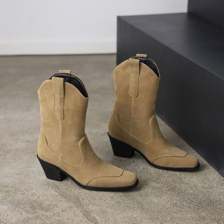 Square Toe Panel Faux Suede Block Heel Mid Calf Boots