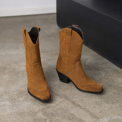 Square Toe Panel Faux Suede Block Heel Mid Calf Boots