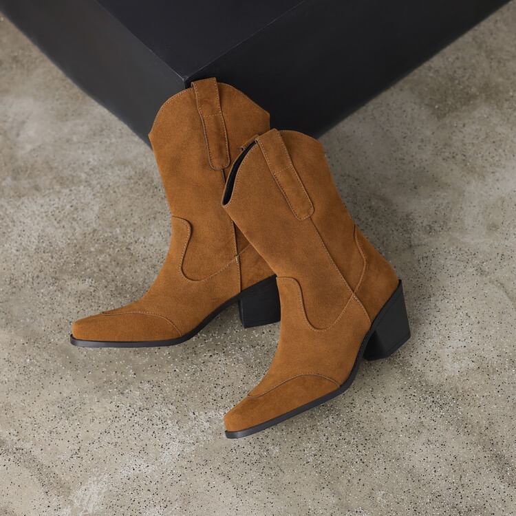 Square Toe Panel Faux Suede Block Heel Mid Calf Boots