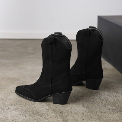 Square Toe Panel Faux Suede Block Heel Mid Calf Boots