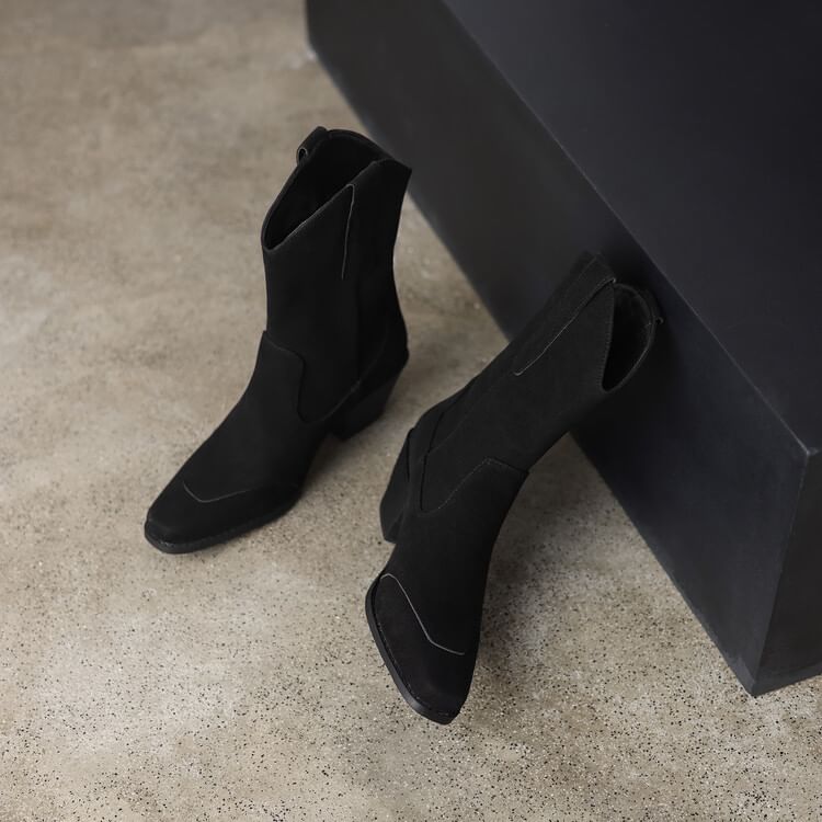 Square Toe Panel Faux Suede Block Heel Mid Calf Boots