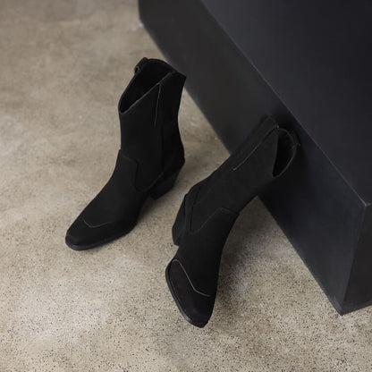 Square Toe Panel Faux Suede Block Heel Mid Calf Boots