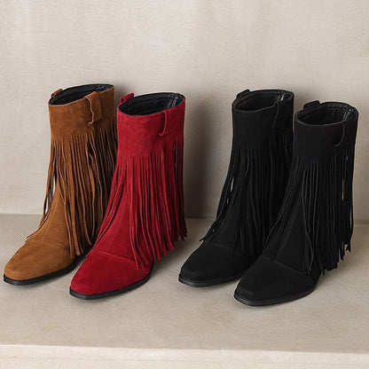 Square Toe Fringe Faux Suede Block Heel Mid Calf Boots