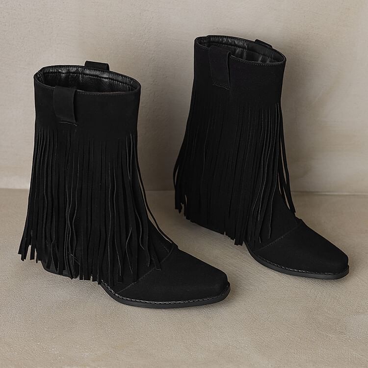 Square Toe Fringe Faux Suede Block Heel Mid Calf Boots