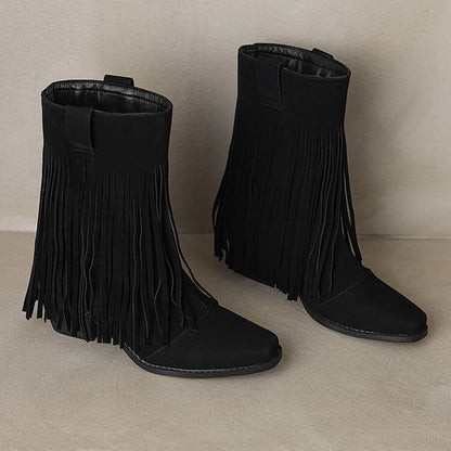 Square Toe Fringe Faux Suede Block Heel Mid Calf Boots