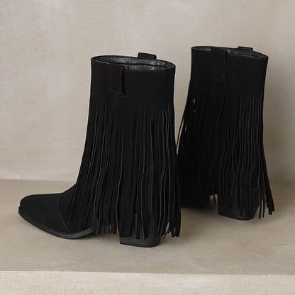 Square Toe Fringe Faux Suede Block Heel Mid Calf Boots