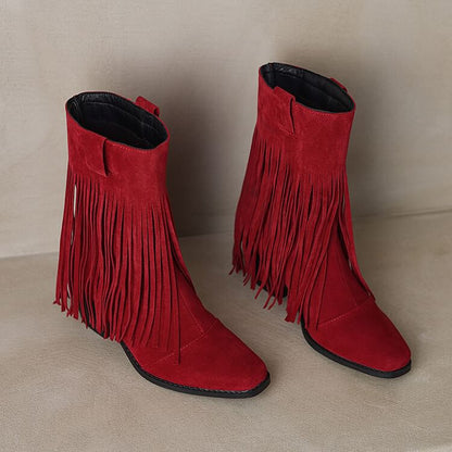 Square Toe Fringe Faux Suede Block Heel Mid Calf Boots