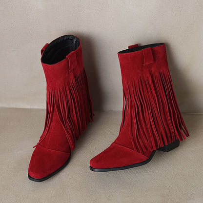 Square Toe Fringe Faux Suede Block Heel Mid Calf Boots