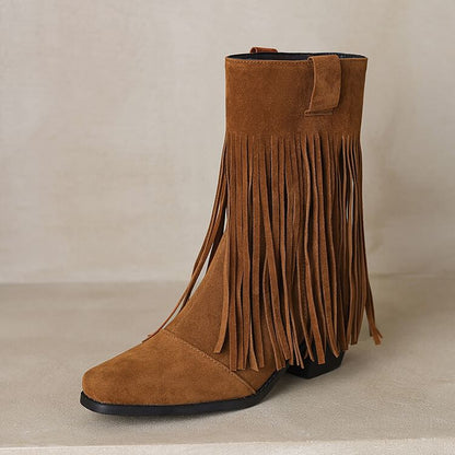 Square Toe Fringe Faux Suede Block Heel Mid Calf Boots