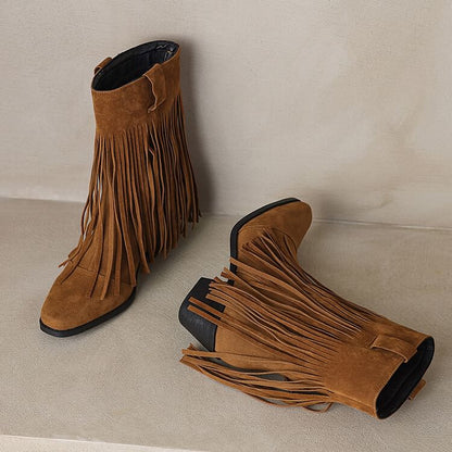 Square Toe Fringe Faux Suede Block Heel Mid Calf Boots