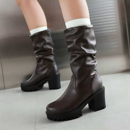 Platform Block Heel Mid Calf Boots
