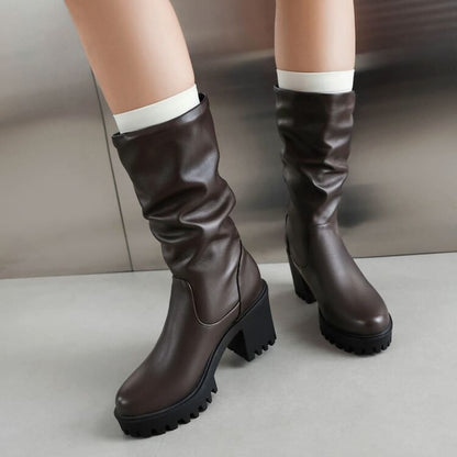 Platform Block Heel Mid Calf Boots