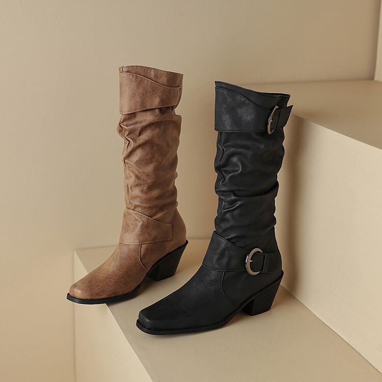 Square Toe Buckled Block Heel Knee High Boots