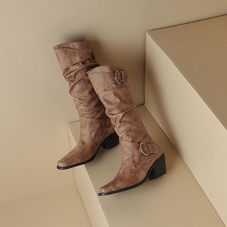 Square Toe Buckled Block Heel Knee High Boots