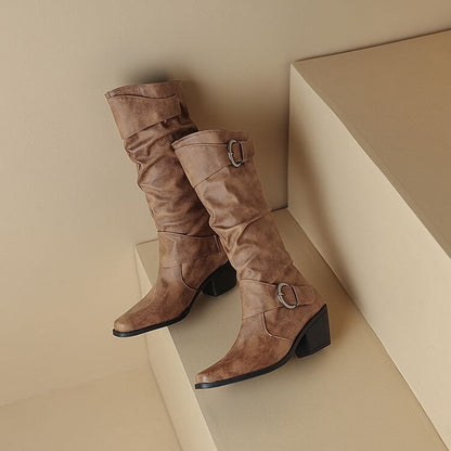 Square Toe Buckled Block Heel Knee High Boots