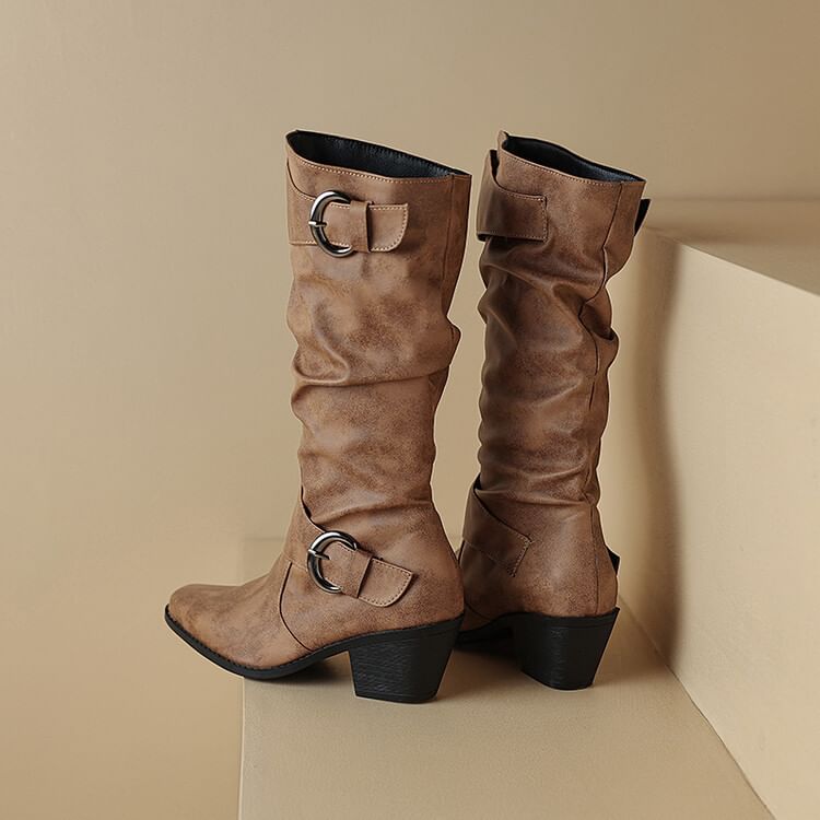 Square Toe Buckled Block Heel Knee High Boots
