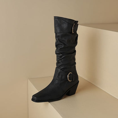 Square Toe Buckled Block Heel Knee High Boots