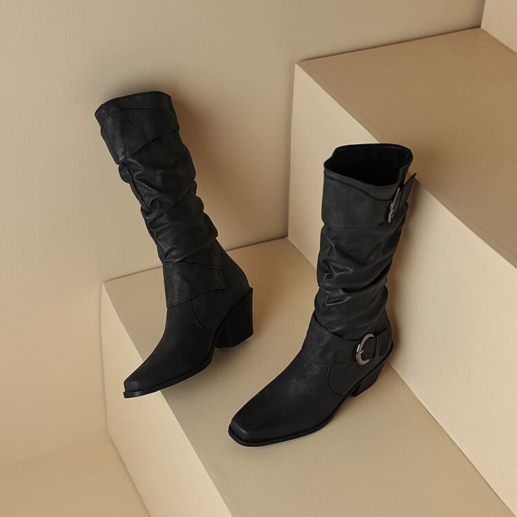 Square Toe Buckled Block Heel Knee High Boots
