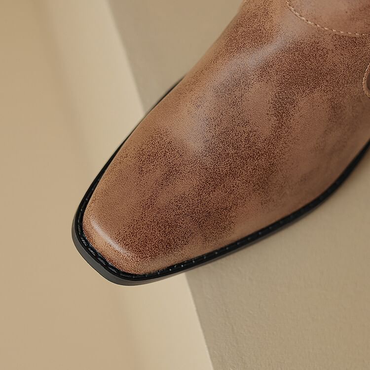 Square Toe Buckled Block Heel Knee High Boots