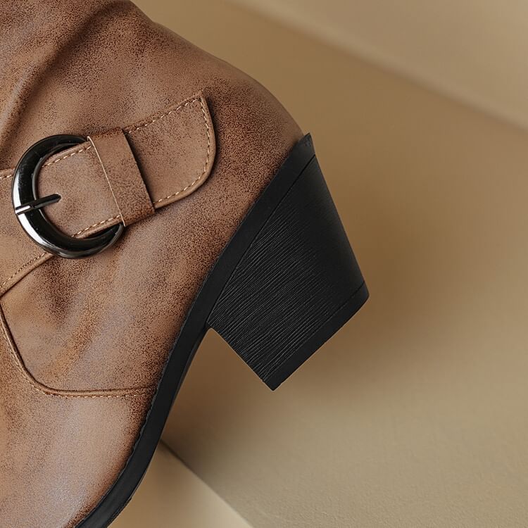 Square Toe Buckled Block Heel Knee High Boots