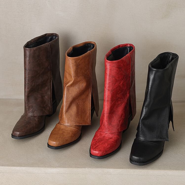 Square Toe Panel Block Heel Mid Calf Boots