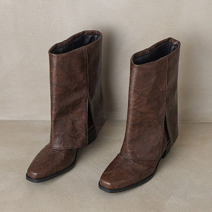 Square Toe Panel Block Heel Mid Calf Boots