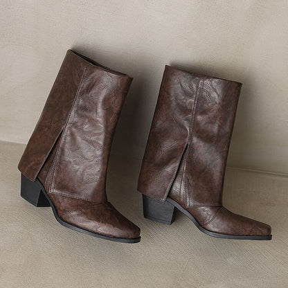 Square Toe Panel Block Heel Mid Calf Boots