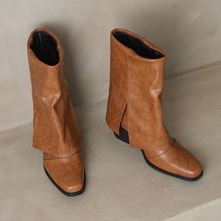 Square Toe Panel Block Heel Mid Calf Boots