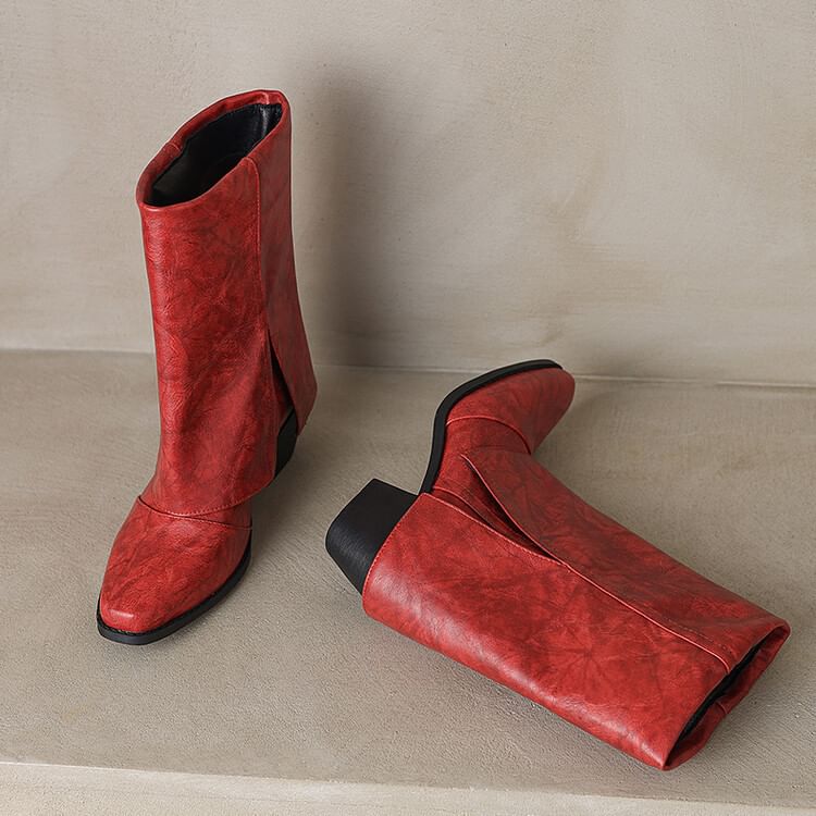Square Toe Panel Block Heel Mid Calf Boots