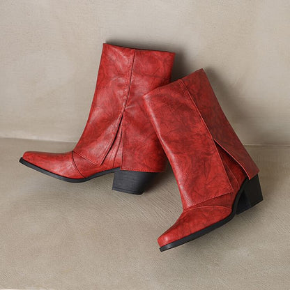 Square Toe Panel Block Heel Mid Calf Boots