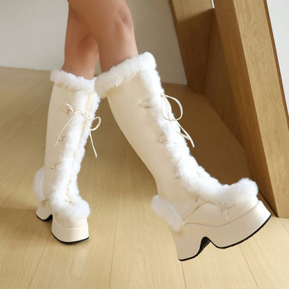 Platform Panel Fluffy Lace Up Knee High Boots