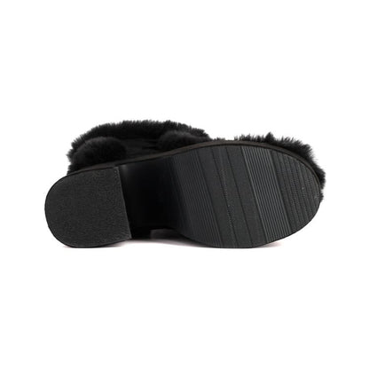 Platform Pom Pom Panel Fluffy Block Heel Mid Calf Boots